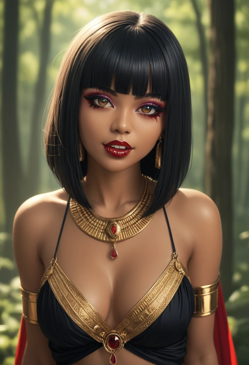 score_9, score_8_up, score_7_up, score_6_up, 1girl, solo, jewelry, rating: safe, brown_eyes, black_hair, lips, makeup, armlet, breasts, egyptian, egyptian_clothes, dark_skin, nose, earrings, gold, lipstick, cleavage, realistic, looking_at_viewer, medium_breasts, open_mouth, oral_invitation, piercing, gyaru, blunt_bangs, bangs, bob_cut, vampire, long_fangs, (from_above:1.3), downblouse, dark, silk, see-through, (blood_from_mouth:1.2), black_robe, blood, sharp_teeth, moonlight, forest, (blood_on_face:1.2)
