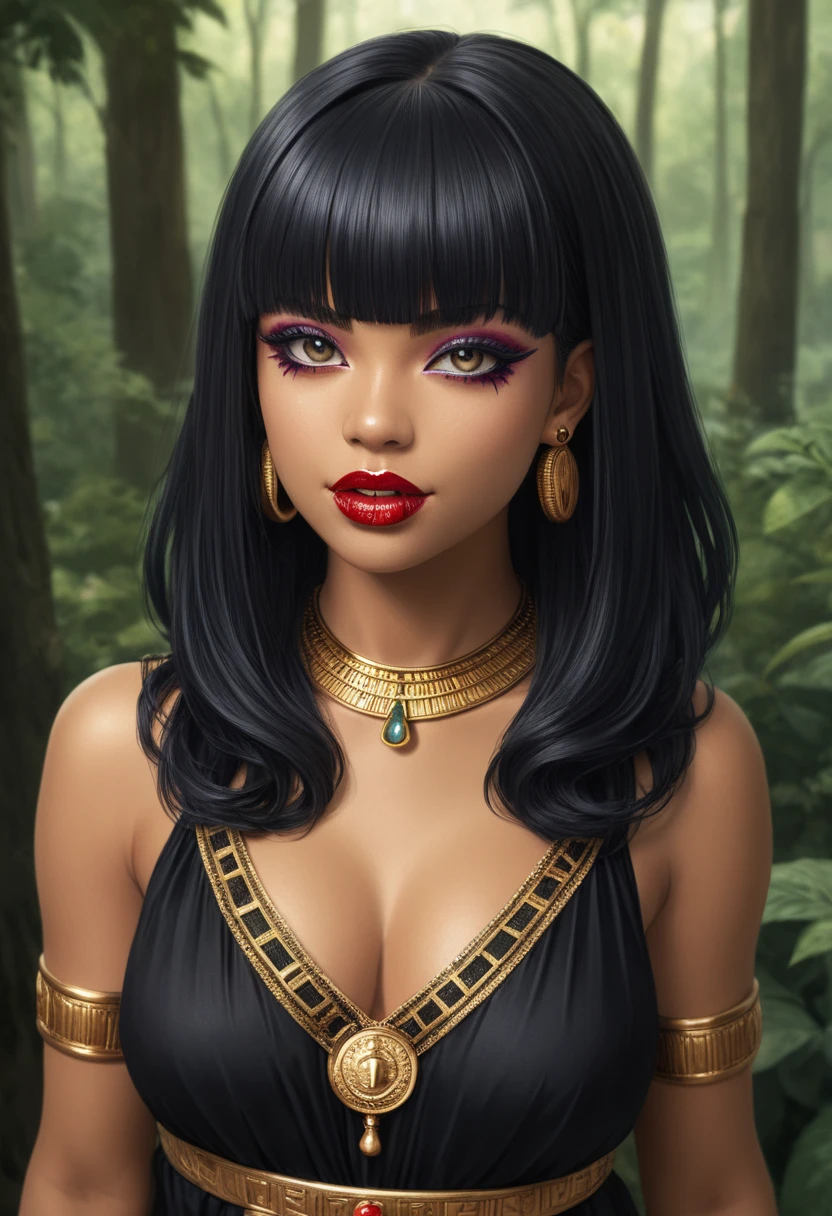 score_9, score_8_up, score_7_up, score_6_up, 1girl, solo, jewelry, rating: safe, brown_eyes, black_hair, lips, makeup, armlet, breasts, egyptian, egyptian_clothes, dark_skin, nose, earrings, gold, lipstick, cleavage, realistic, looking_at_viewer, medium_breasts, open_mouth, oral_invitation, piercing, gyaru, blunt_bangs, bangs, bob_cut, vampire, long_fangs, (from_above:1.3), downblouse, dark, silk, see-through, (blood_from_mouth:1.2), black_robe, blood, sharp_teeth, moonlight, forest, (blood_on_face:1.2)