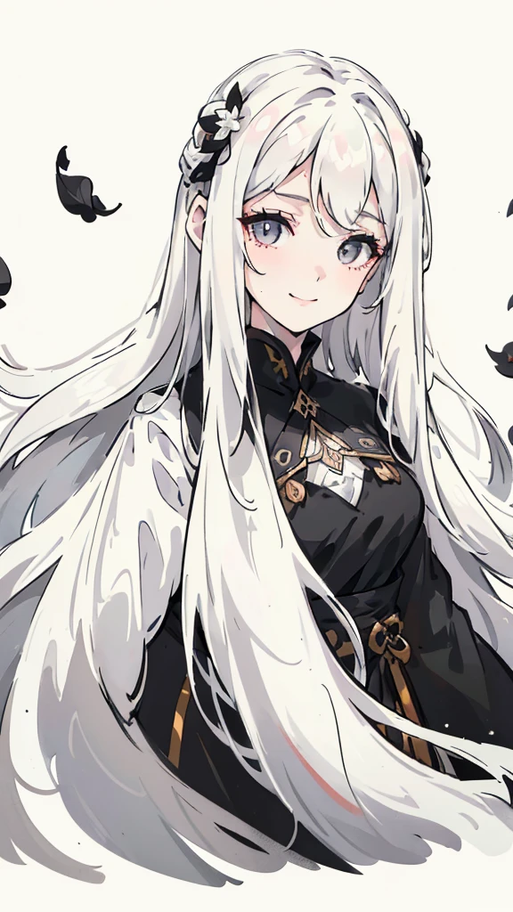 Woman , long wavy white hair, long wavy white hair , long wavy hair, long wavy hair, black siren eyes, black siren eyes, FOV, f1.8, masterpiece, front portrait shot, black and white casual modern clothing, plain white colored background with black petals, black petals, close up, smiling, full body, front head to toe portrait shot