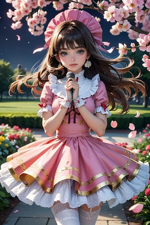 Kinomoto Sakura, Sakura CardCaptors, roses, ornament hair, brown hair, short hair, 1 girl, Looking at the audience, long hair, flowing hair, floating hair, Beautiful Eyes, Plump and glossy lips, Idol, dress with too many frills, white dress, pink laces, Short skirt, Drape clothes, pink gem, Lace trim, bright stage, luxury gold details, gold jewelry, more details, best quality, Big sparkling eyes, blushing, Striped Lace Stockings, Lolita skirt, sparkle, solo, centered girl, cowboy shot, perfectly body, perfectly hands, two arms, two legs, two hands, five fingers, perfect anatomy, glowing hair, petals, 1girl, dress, solo, flowing hair, floating hair, ornament hair, perfectly body, perfectly hands, on garden, petals, more details on her clothes, dress with transparency, golden details on her dress, night, holding a microphone, ((4k, masterpiece, top-quality)), 8k, best quality, high resolution, UHD, (illustration:0.8), super cute girl, delicate and beautiful face, mature girl, super cute hairstyle, (beautiful detailed eyes:1.6), extremely detailed face, perfect lighting, extremely detailed CG, (perfect hands, perfect anatomy), Best quality ((4k, masterpiece, top-quality)),8k, best quality, high resolution, HD, (illustration:0.8), super cute girl, delicate and beautiful face, mature girl, super cute hairstyle, (beautiful detailed eyes:1.6), extremely detailed face, perfect lighting, extremely detailed CG, (perfect hands, perfect anatomy), Best quality, cleavage, small skirt, full Body, two arms, two legs, two hands, five fingers