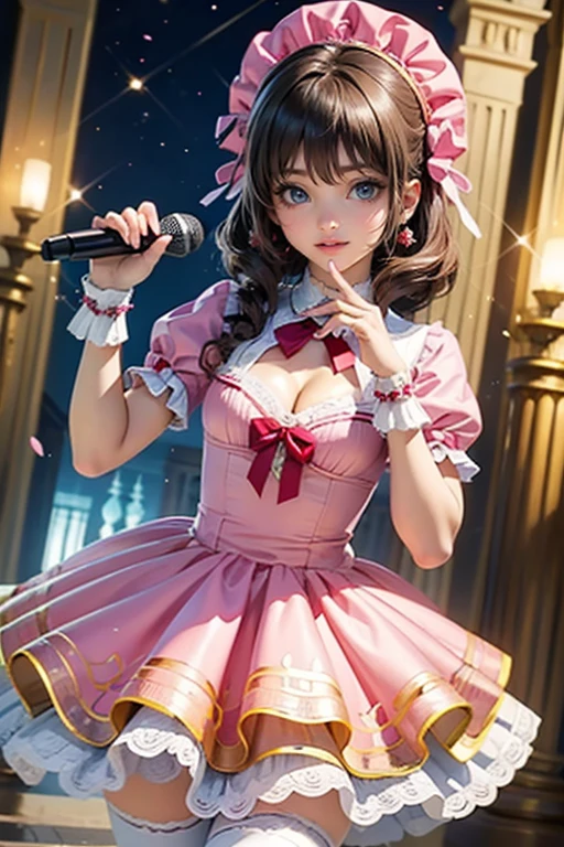Kinomoto Sakura, Sakura CardCaptors, roses, ornament hair, brown hair, short hair, 1 girl, Looking at the audience, long hair, flowing hair, floating hair, Beautiful Eyes, Plump and glossy lips, Idol, dress with too many frills, white dress, pink laces, Short skirt, Drape clothes, pink gem, Lace trim, bright stage, luxury gold details, gold jewelry, more details, best quality, Big sparkling eyes, blushing, Striped Lace Stockings, ta skirt, sparkle, solo, centered girl, cowboy shot, perfectly body, perfectly hands, two arms, two legs, two hands, five fingers, perfect anatomy, glowing hair, petals, 1girl, dress, solo, flowing hair, floating hair, ornament hair, perfectly body, perfectly hands, on garden, petals, more details on her clothes, dress with transparency, golden details on her dress, night, holding a microphone, ((4k, masterpiece, top-quality)), 8k, best quality, high resolution, UHD, (illustration:0.8), super cute girl, delicate and beautiful face, mature girl, super cute hairstyle, (beautiful detailed eyes:1.6), extremely detailed face, perfect lighting, extremely detailed CG, (perfect hands, perfect anatomy), Best quality ((4k, masterpiece, top-quality)),8k, best quality, high resolution, HD, (illustration:0.8), super cute girl, delicate and beautiful face, mature girl, super cute hairstyle, (beautiful detailed eyes:1.6), extremely detailed face, perfect lighting, extremely detailed CG, (perfect hands, perfect anatomy), Best quality, cleavage, small skirt, full Body, two arms, two legs, two hands, five fingers