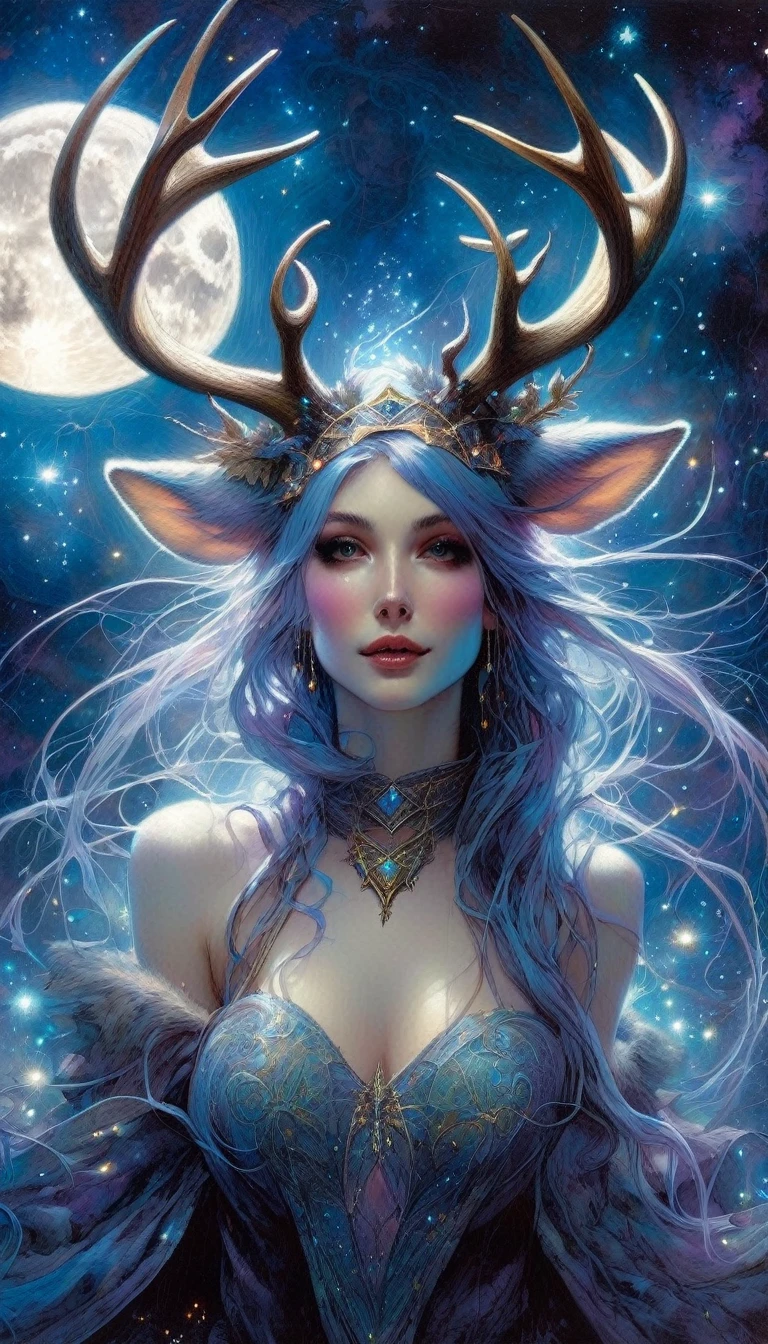 magician girl, sexy, deer horns,magic, magic lights come out of his hands, fantastic, night sky, moon, stars, background, (art inspired by Brian Froud and Carne Griffiths and Wadim Kashin, intricate details, oil ) 