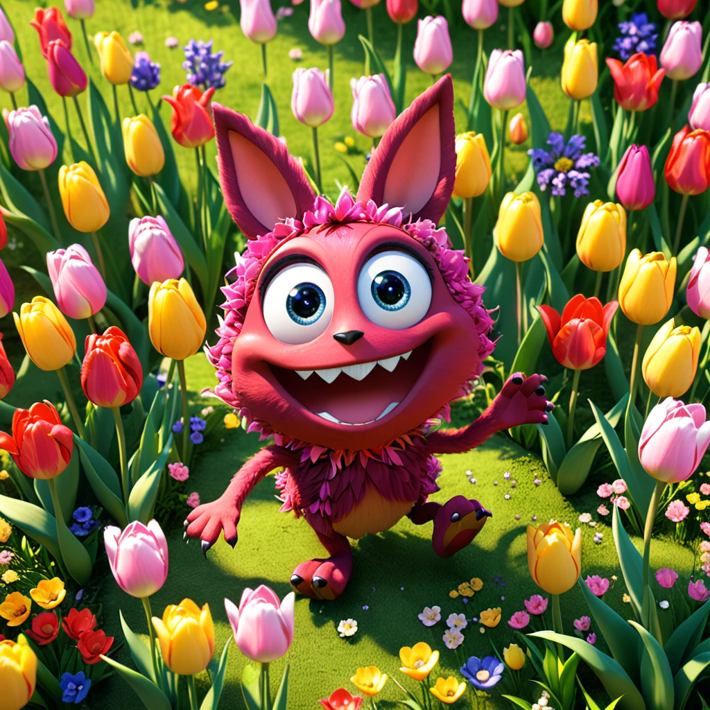 A cute tulip monster with big eyes and a vibrant smile, happily hopping in a colorful spring garden. The cartoon character is designed in the style of Pixar animation studio, created using C4D software. It has an adorable red, yellow, and pink color scheme, showcasing playful petals. This delightful scene adds humor to your mobile phone wallpaper. --ar 1:1 --v 6.0 --3D render