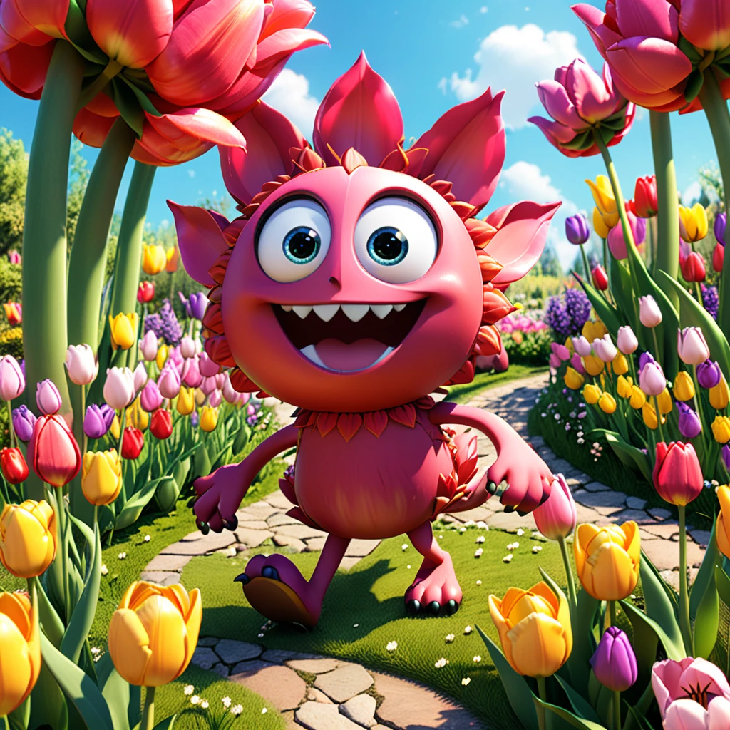 A cute tulip monster with big eyes and a vibrant smile, happily hopping in a colorful spring garden. The cartoon character is designed in the style of Pixar animation studio, created using C4D software. It has an adorable red, yellow, and pink color scheme, showcasing playful petals. This delightful scene adds humor to your mobile phone wallpaper. --ar 1:1 --v 6.0 --3D render