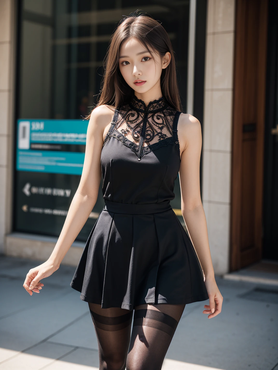 セレブFemale college student, Tight skirt and thighs、20age、height 162cm、、Conservative Fashion, (Wearing black tights,Realistic black tights)、Go to university、Wearing a high-end sleeveless dress, Wear high-quality high heels、 Girl in sleeveless dress, Wearing an elegant dress, 極薄のSleeveless mini dressを着ると, Female college student, Sleeveless mini dress, Wearing a grey brand dress, Wear high-end brands, 、 RAW Photos, (8K、Highest quality、masterpiece:1.2)、(Intricate details:1.4)、(Photorealistic:1.4)、Octane Rendering、Complex 3D rendering with ultra-detail, Soft studio light, Rim Light, Vivid details, Super Detail, Realistic skin textures, Face in detail, Beautiful details in the eyes, Highly detailed CG Unity 16k wallpaper, compensate, (Detailed Background:1.2), Exposed thighs!!!Raise the skirt with both hands、Panties visible through tights