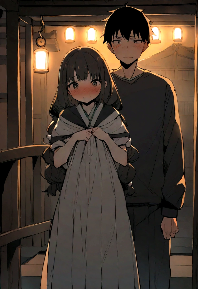 Best Quality, Masterpiece, Ultra-high resolution,Shrine at night、Domestic、A 15-year-old boy and girl are standing side by side、Facing forward、Embarrassed、love