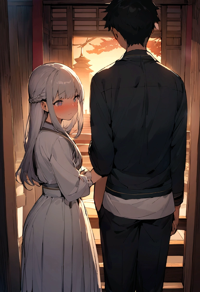 Best Quality, Masterpiece, Ultra-high resolution,Shrine at night、Domestic、A 15-year-old boy and girl are standing side by side、Facing forward、Embarrassed、love
