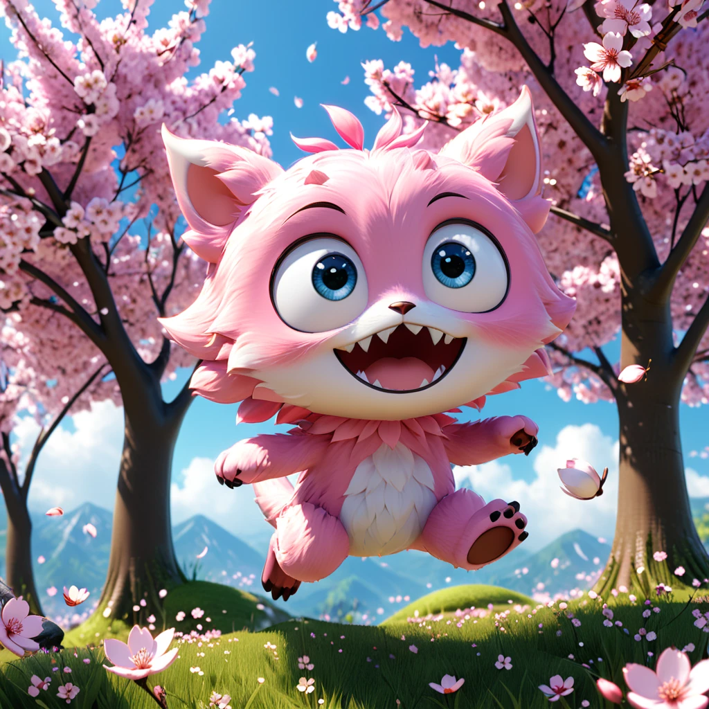 A cute sakura blossom monster with big eyes and a soft pink hue, gracefully floating in the spring breeze. The cartoon character is designed in the style of Pixar animation studio, created using C4D software. It has delicate petals and a gentle expression, resembling the fluttering of cherry blossoms. This charming scene adds beauty to your mobile phone wallpaper. --ar 1:1 --v 6.0 --3D render