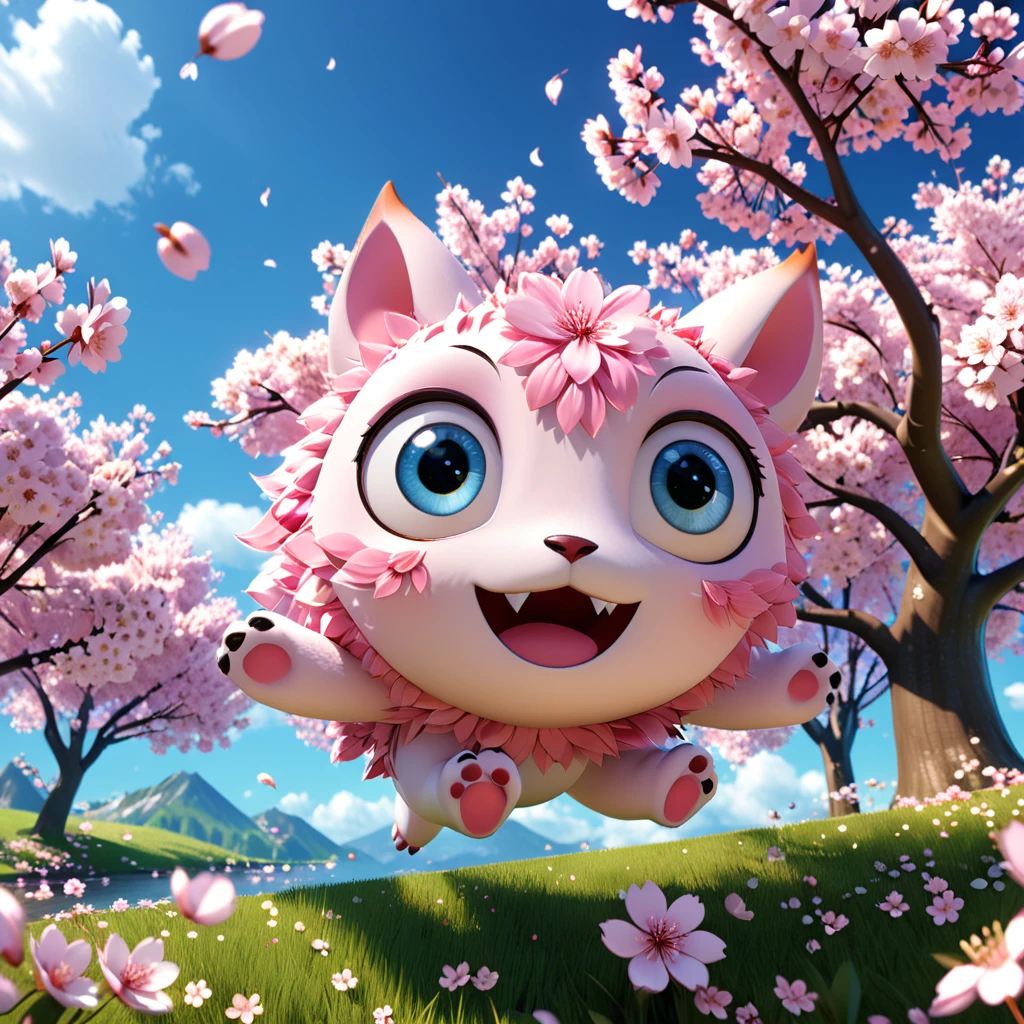 A cute sakura blossom monster with big eyes and a soft pink hue, gracefully floating in the spring breeze. The cartoon character is designed in the style of Pixar animation studio, created using C4D software. It has delicate petals and a gentle expression, resembling the fluttering of cherry blossoms. This charming scene adds beauty to your mobile phone wallpaper. --ar 1:1 --v 6.0 --3D render