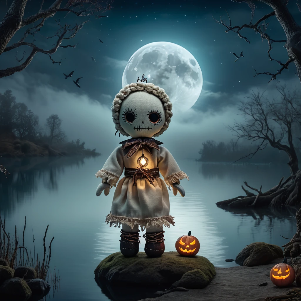 (knitted toy voodoo doll:1.2), (Voodoo Moon Ghost:1.3), (Clothes Transparent fabrics, moon wreath, glowing eyes:1.0), (against the background Gloomy lake shore, moonlit path on the water, trees surrounded by fog:1.3), best quality, masterpiece, detailed soft oil painting, detailed background, dramatic cinematic lighting, soft edge lighting, professional, dramatic lighting, hard edge lighting, ultra quality, 4k, masterpiece, best quality, 8k, ultra high definition, high definition, extremely detailed
