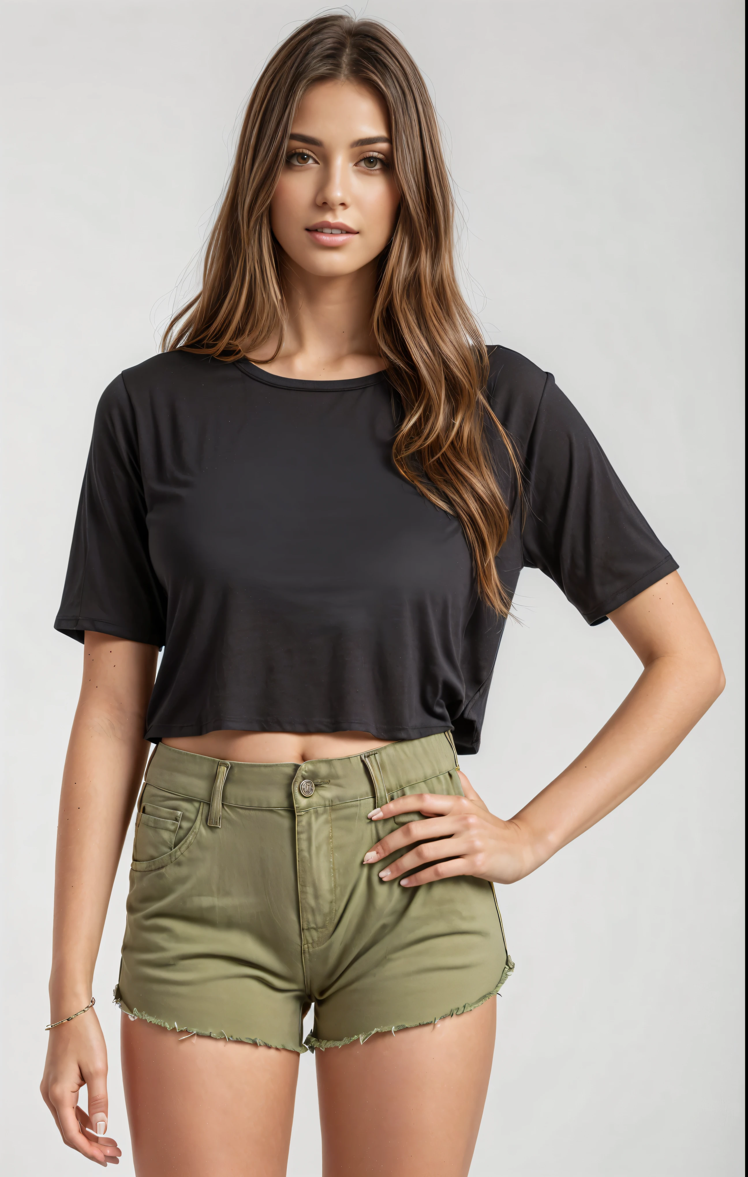 A woman in a black top and khaki shorts posing for a photo, wearing a cropped top, wearing a cropped tops, usando um top cropped sexy, wearing top cut, wearing a top cut, top cut, top cut, with torn t-shirt, wearing a black cropped blouse, Physicist : smallest belly ever