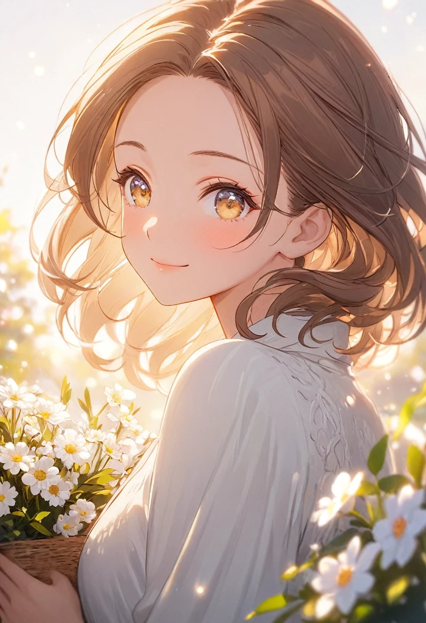 Very detailed,(((ultra detailed face))),best quality, 8k, (soft Light), Light, ((soft focus)),1 beautful woman, facing the camera,upper body,brown hair, ((forehead)),almond eye, fluffy hair,((forehead)),elegant, Comfortable, Clean and detailed anime art, Trending on artstart,(((milky white)), illuminate warmly, big smile,flowers,((happiness)),thank you!