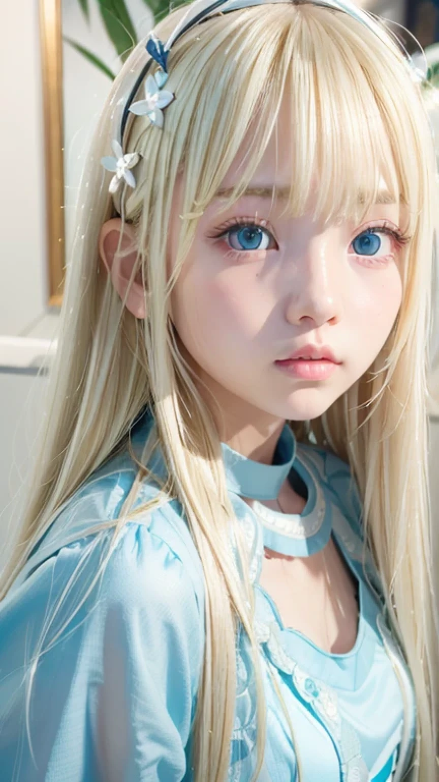 Super long blonde straight hair、Bangs on a beautiful face between the eyes、Very cute beautiful sexy young teenage girl、So perfect beautiful cute face、Very large, clear, beautiful, bright, light blue eyes、Very big cute eyes、Small Face Beauty、Cheek highlighter、White, bright and radiant skin、