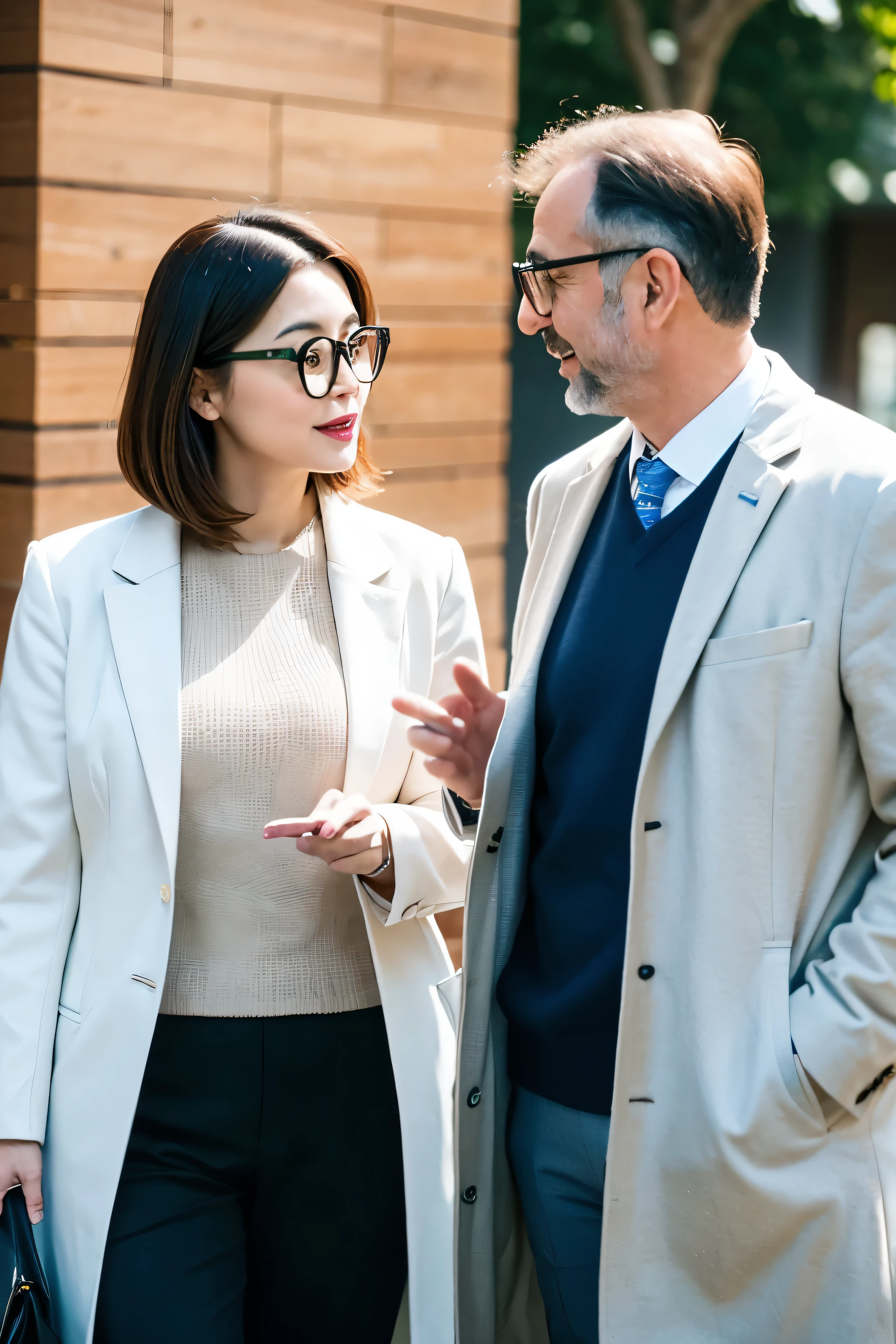 A male doctor in his 50s wearing a white coat and glasses，She is chatting with a man in his 30s wearing a suit.，Stylish Background