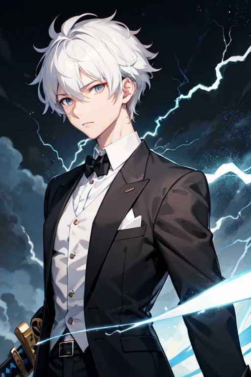 A handsome, sharp-faced, sharp-eyed, short-haired, white-haired anime boy with a black suit and a lightning katana sword on his back.