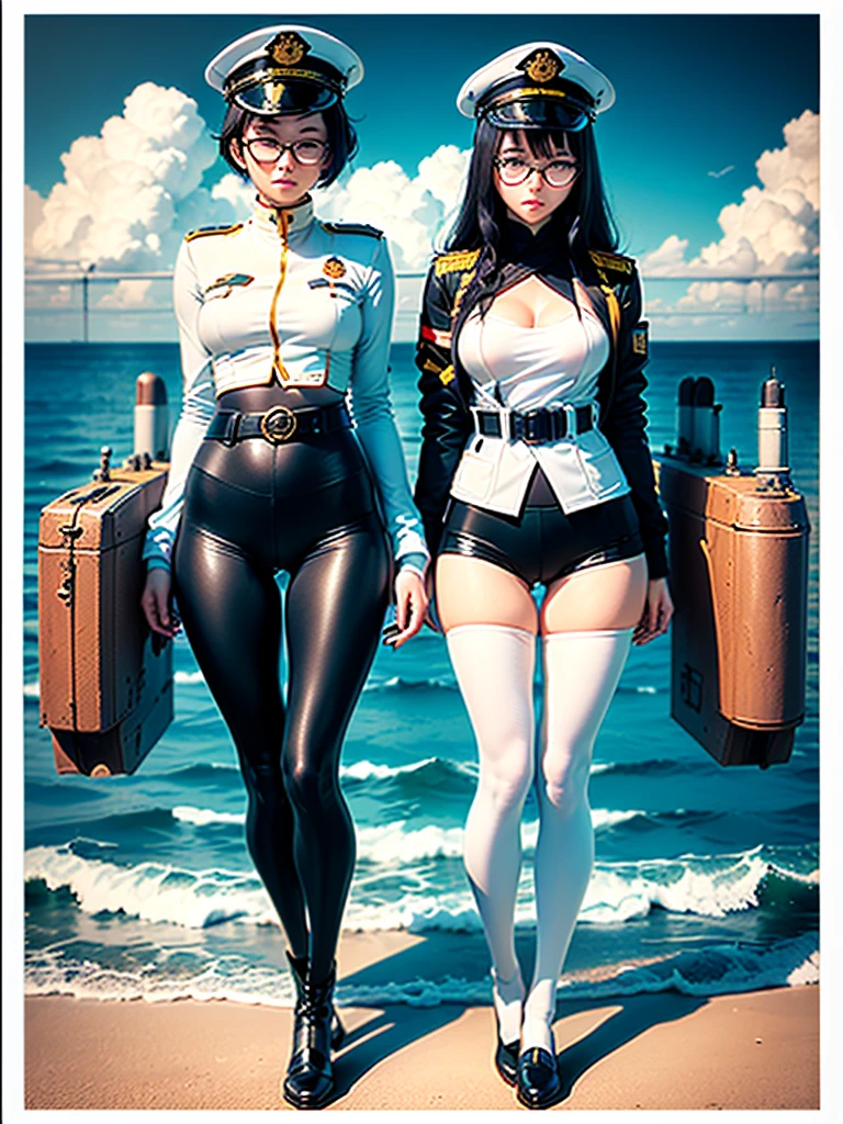 ((((Full body of a woman with perfect flat chest、Short unkempt black hair、white military jacket、Miko costume、tights、Black glasses、White military cap、Cloudy eyes、Sleepy expression)))), (((masterpiece))), (((Shipgirl))), ((Floating on the morning sea with both feet)), (Spread your legs wide open), (Hold the turret with your right hand), (Mechanical arms extending from the waist are used to equip the ship with battleship equipment.), (Equipped with a turret on the back), (Holds the turret with his left arm), Shotgun shells are attached to the thigh with a belt, Spreading the Machine&#39;s Wings, Machine tail,  shotgun, 