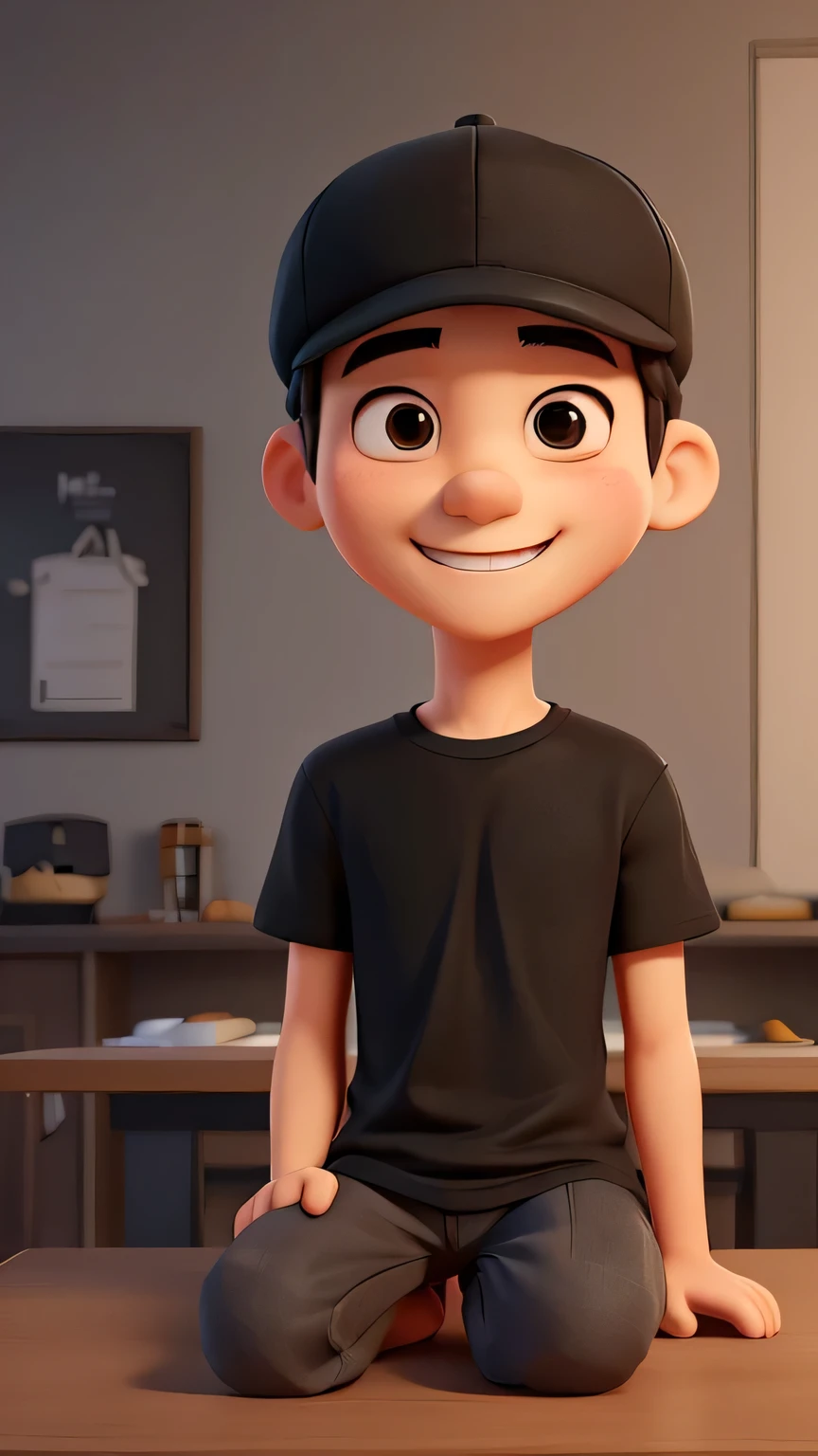 He is wearing a plain white T-shirt and a black cap,Wearing a black cap,Japanese,Small Nose,good looking,tall,Looking at the camera from the front,(Background blur) (Highest quality) (Detailed skin) (Detailed Texture) (8K) (clay) (Cinema Lighting) ，Sitting on a chair and exposing the upper half of my body、He is the leader of the class、Is giving a presentation、Able to work、Presentation Venue、Be confident、leadership、smile、Close-up Character, Character pose、いsmile