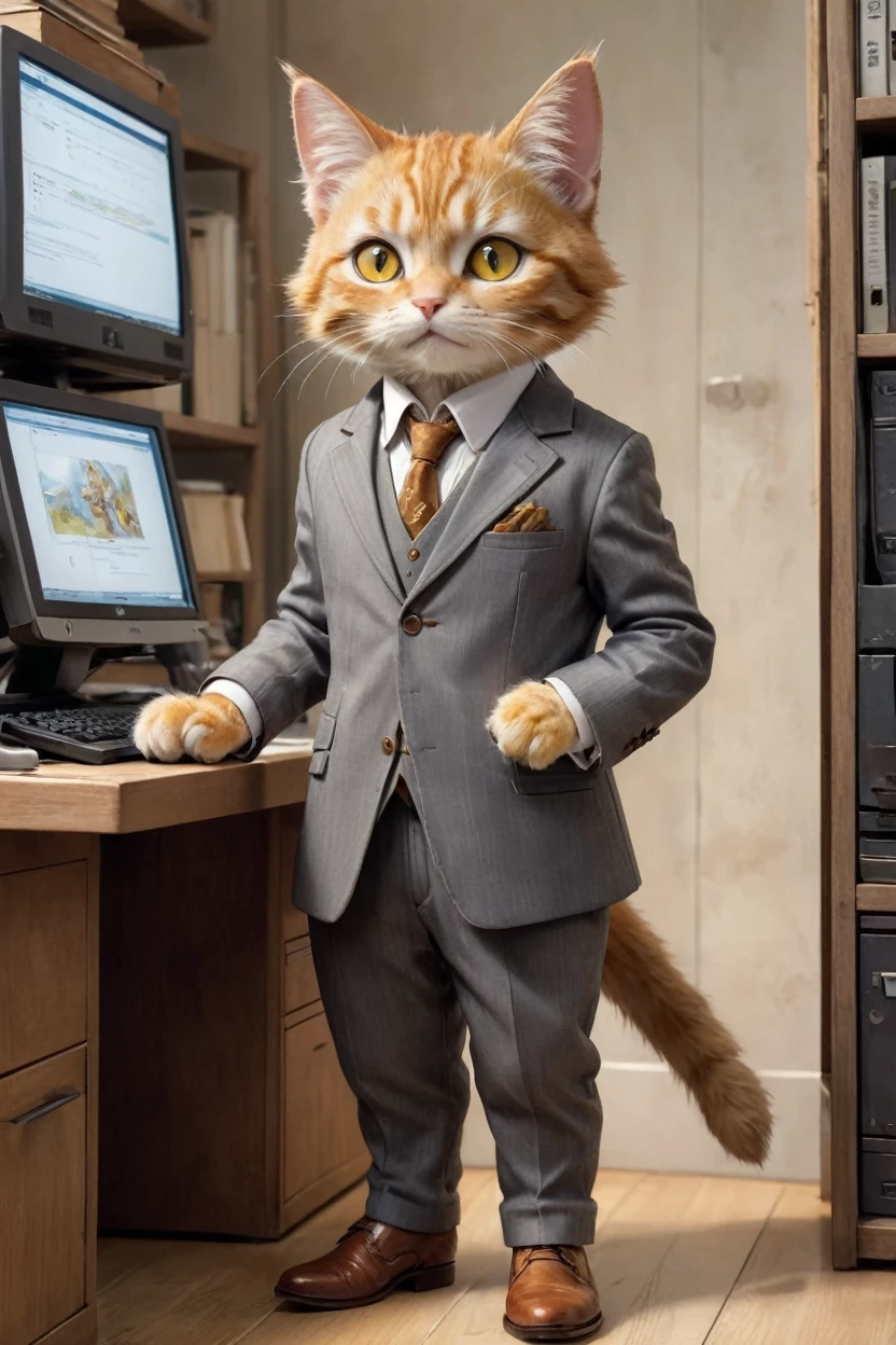 small, かわいいbornき物, Wearing a gray suit,Wearing suit pants、Brown leather shoes、 whole body, , Are standing, Costumes, Operating a computer、 Fantasy art, Exquisite detail, Jean-Baptiste Monge Style, office、Alan Lee Style, Anthropomorphic yellow-eyed tabby furry cat, Movie Scenes, Dramatic shot angles, , Realistic, born々Amazing cinematic photorealism, Action Portrait, 8K, detailed, Full Frame