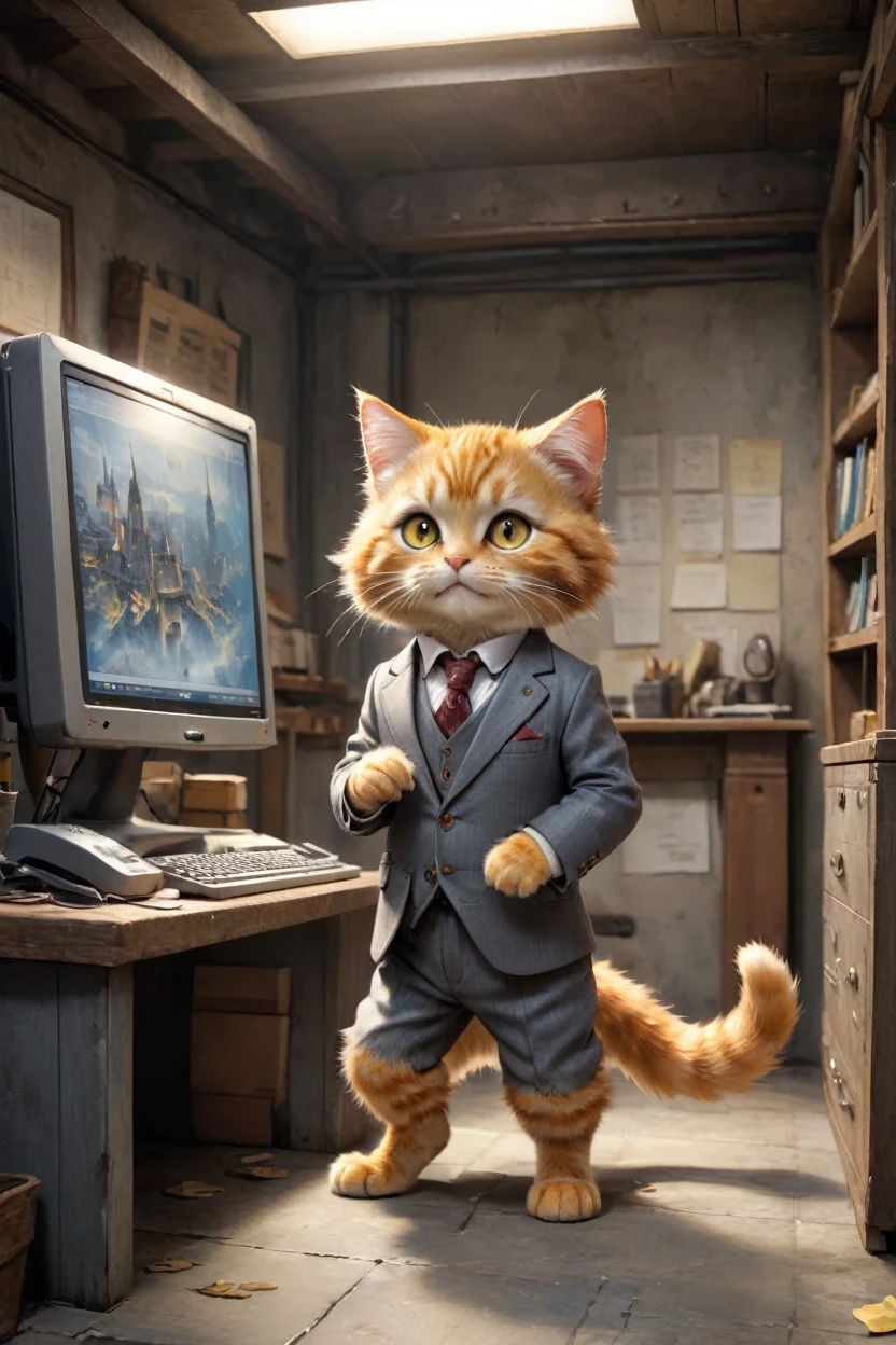 small, かわいいbornき物, Wearing a gray suit,Wearing suit pants、Brown leather shoes、 whole body, , Are standing, Costumes, Operating a computer、 Fantasy art, Exquisite detail, Jean-Baptiste Monge Style, office、Alan Lee Style, Anthropomorphic yellow-eyed tabby furry cat, Movie Scenes, Dramatic shot angles, , Realistic, born々Amazing cinematic photorealism, Action Portrait, 8K, detailed, Full Frame
