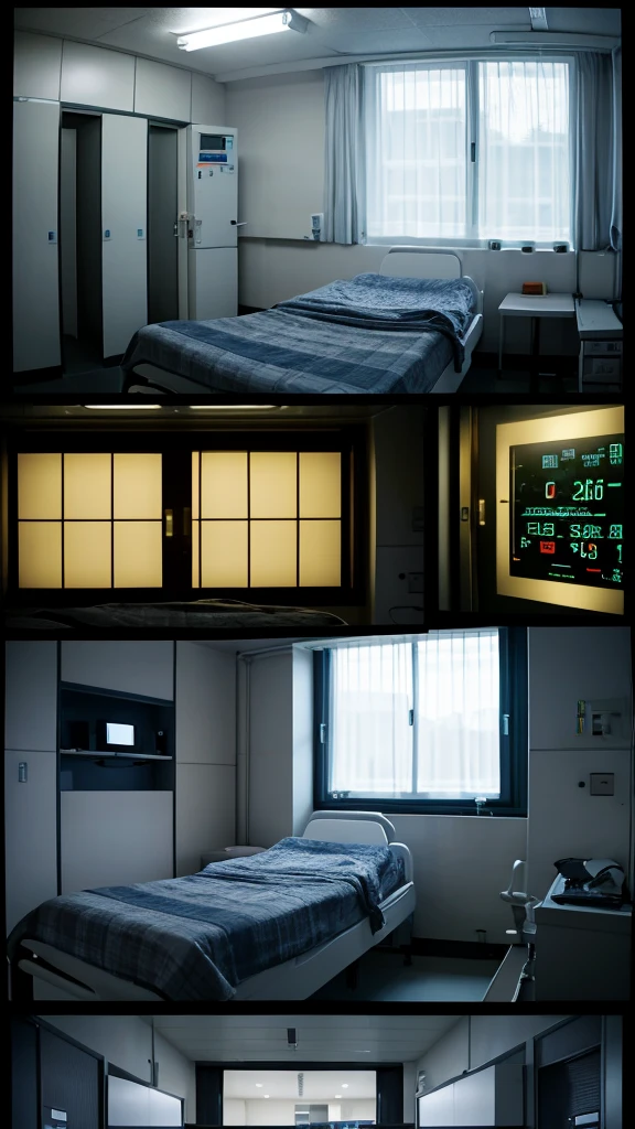 Dark hospital room　There are no windows or doors.　There is one horizontal bed in the center.、There is a pillow on the left　Heart rate monitor on the top right of the bed　There&#39;s a mess of cords tangled on the floor beneath the heart rate monitor..　There is a shelf to the left of the bed..On it are small medical instruments and blades..
