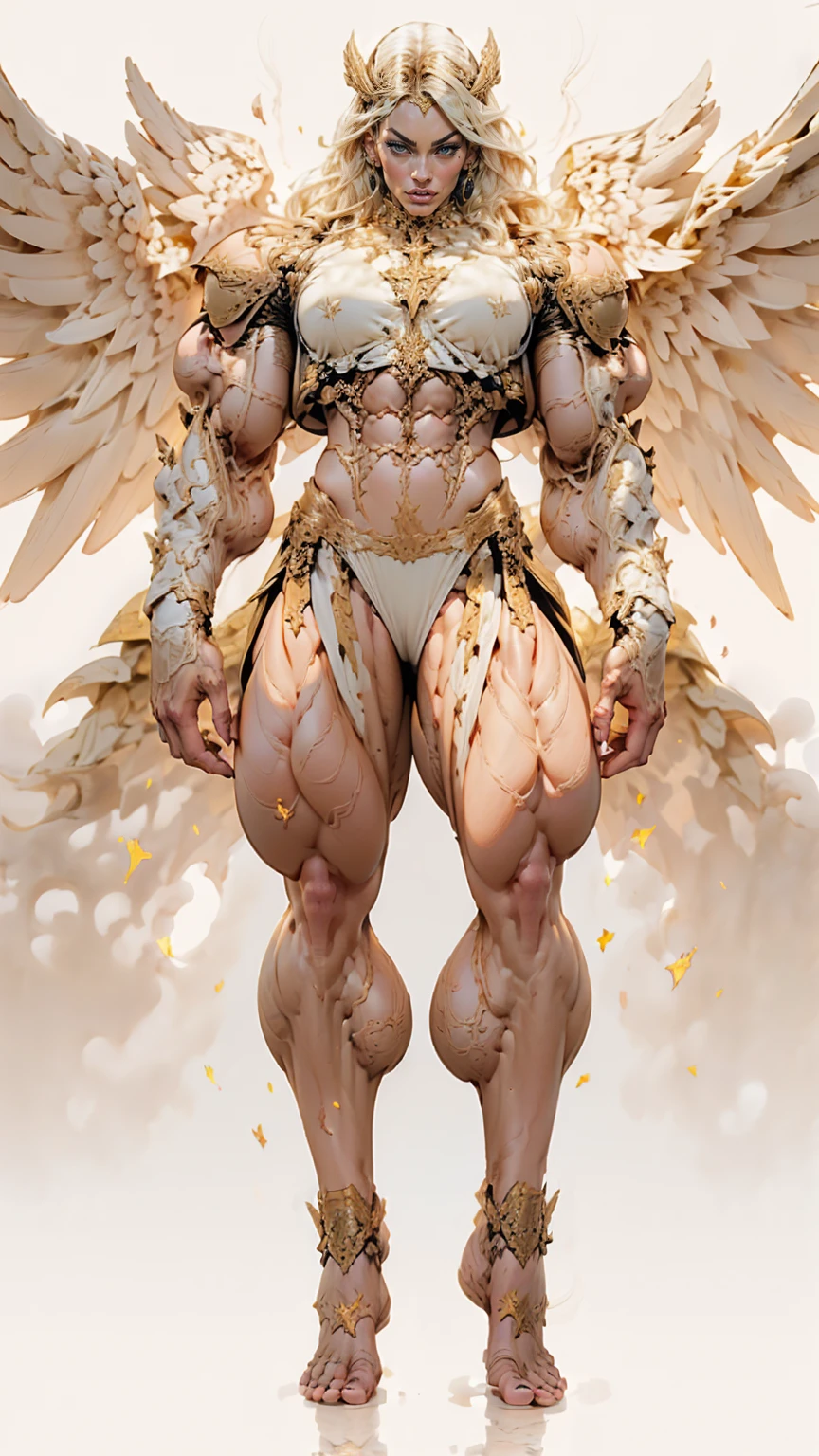 (cara delevingne), ((((((1 muscular angel girl)))))), (((huge upper body))), long hair, ((((huge angelic wings))), (((pale skin))), ((((full body front view)))), (((perfect hands, perfect fingers))), (((empty background)))