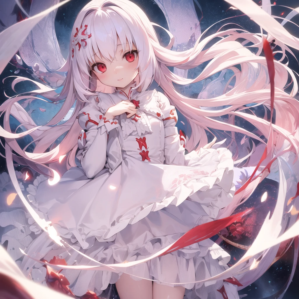 beautiful illustration, best quality, cute petit girl, (transform sequence), transform magical girl, chibi, white magical girl, fractal art, albino, babyface, long pure white and red mesh hair, beautiful detailed red eyes, cinematic lighting, cowboy shot, looking at viewer, from bottom, happy