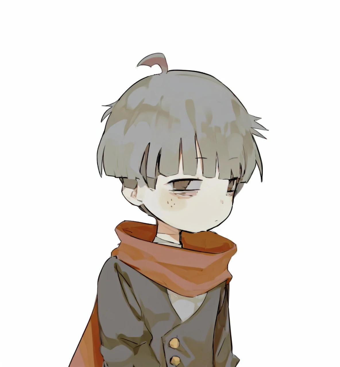 Cool cute boy with cool bowl cut, awesome red scarf, cool poker face, awesome silver eyes