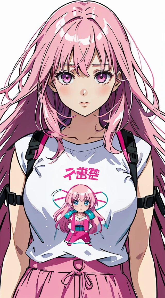 Middle girl,Long pink hair, reddish-pink lips,In a bright white shirt,Pastel palette in aurora punk style,anime illustration of her face,Animated gifs,Hand-drawn animation,Fascinating sketch,smooth and shiny,Foggy romanticism,Super flat style,White background – 1 ar.:1-niji 5-expressive style-with 50,split,big breasts,Shoulder straps are detachable