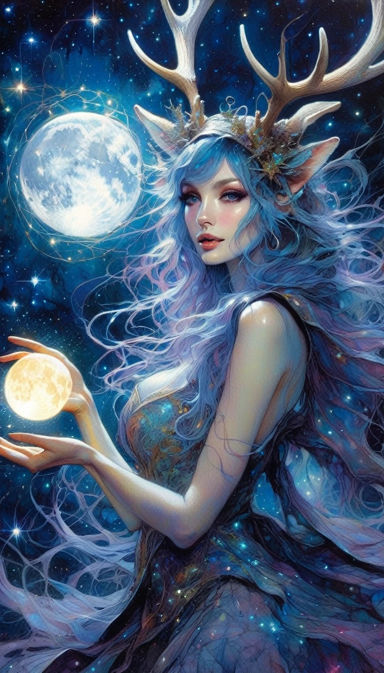 magician girl, sexy, deer horns,magic, magic lights come out of his hands, fantastic, night sky, moon, stars, background, (art inspired by Brian Froud and Carne Griffiths and Wadim Kashin, intricate details, oil )