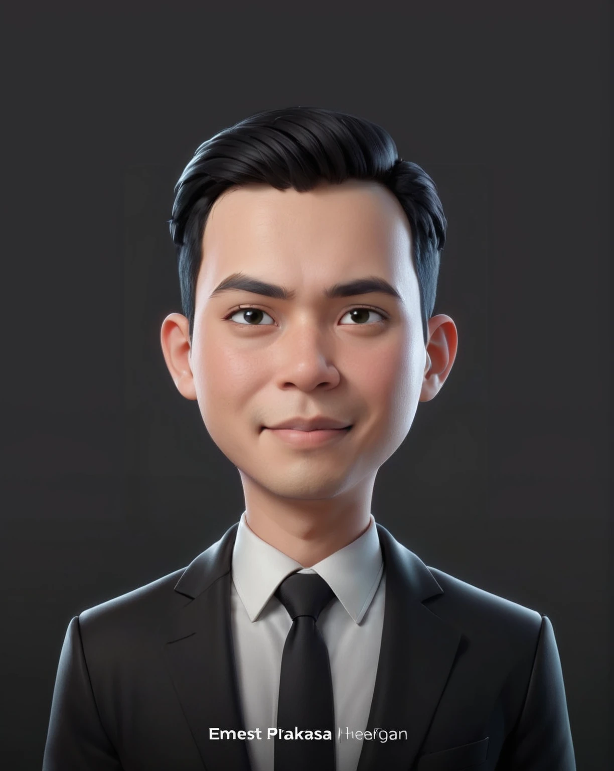 Create a cartoonish caricature 3D animation of a big-headed. a 19 year old Indonesian man. She has short black pixie cut hair. His face is oval with smooth lines, thick and neat black eyebrows, small eyes, a small, sharp nose, and thin lips with a wide, friendly smile. He wore a dark green hoodie over an orange t-shirt. Gradient blue background. masterpiece, top quality, highly detailed skin and face, ultra-realistic, high definition, sharp focus, 2/3 body angle, Concept Art.