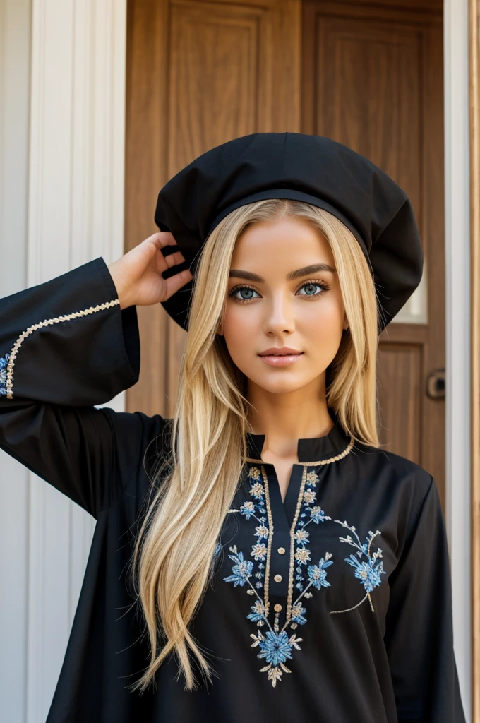 Beautiful blonde girl in long black tunic with blue embroidery on the tunic 