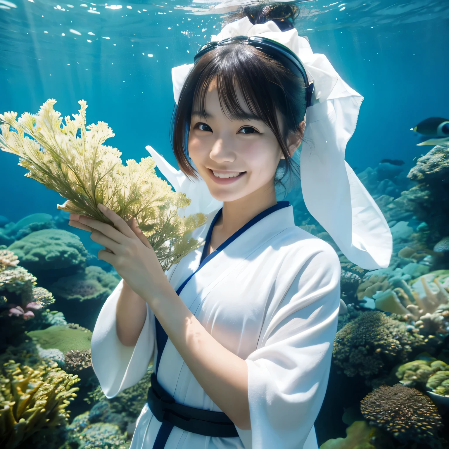 Japanese, Ama diver, woman, beautiful, smile, underwater goggles, white kimono, holding seaweed in hand, sea