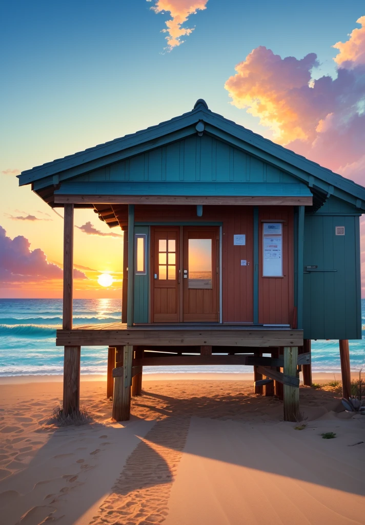 ghibli anime style, portrait of a small lifeguard hut on the beach, beautiful sunset over the ocean, full clouds in the sky, central symmetrical framing, vibrant color