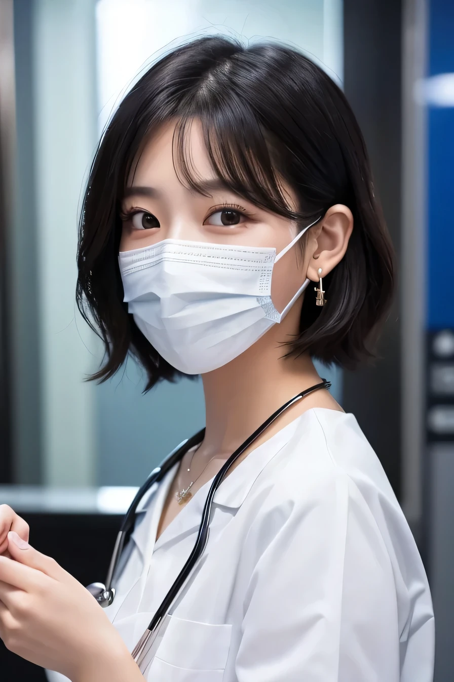 Beautiful young woman、 Korean women、Black Hair、Necklace around the neck、White、Stethoscope、Mask on mouth、short hair、Wavy Hair、Intricate details, Very detailed:1.2), 、 Looking into the camera,The background is the inspection room..、ear piercing