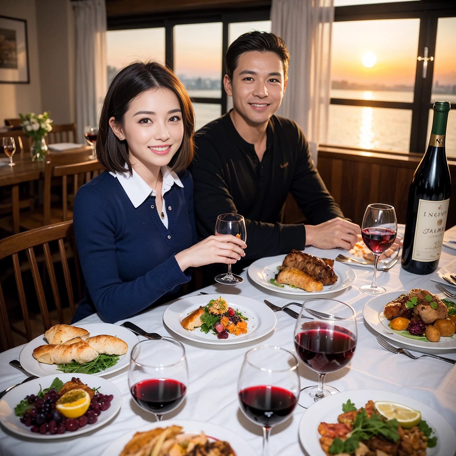 ((Highest quality、8K、masterpiece:1.3))、 (Genuineistic, Genuine、Bright image、Intricate details:1.2), 最高のsmile、1 male 1 female、Wine Party、Love Love Love、fiancee、Model Friends、actress couple、smile、A full-course dinner with a full table、 (Slim face), (the body is slim), (Brown Hair), (short hair), テーブルのwine glass、Please shine a light on my face、 Amazing view of the sunset sky and clouds、 39 years old, 41 years old、red wine 、Appetizers、Wine bottle、sparkling wine、Long sleeve shirt、dress、White wine, red wine, wine glass, 
