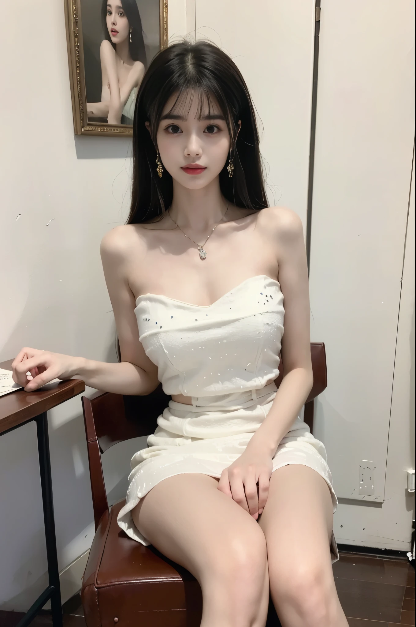 White Dress, cleveage, Large Breasts, Beautiful legs, Long legs, Sitting, in the classroom, Sitting at the desk, night, light, Warm colors, (Top quality, 8K, masterpiece: 1.3), Beautiful woman，Have a perfect body: 1.4, Dark brown hair, Wearing a Pendant, Highly detailed face and skin, Exquisite eyes, Double eyelids, best quality, masterpiece, (lifelike: 1.4), A woman, Bare shoulders, Golden Ratio, Perfect face, slim, Pretty Face, A bright smile, luster, emphasize, luster, Bangs, Fresh charm, elegant, shining, elegant姿势, masterpiece, best quality, (Honesty, Honesty: 1.37), 8K, Very refined, Astonishing, Fine details, ridiculous, Huge file size, Very detailed, Beautiful and delicate woman, Very detailed eyes and face, 美丽Exquisite eyes, Transparent double, big eyes, There is light on the face, A woman, (Perfect female body), Thin waist, Female Expression, Overwhelming charm, luster on skin, luster on face, luster on chest. The right hand, Correct Legs, Anatomically correct