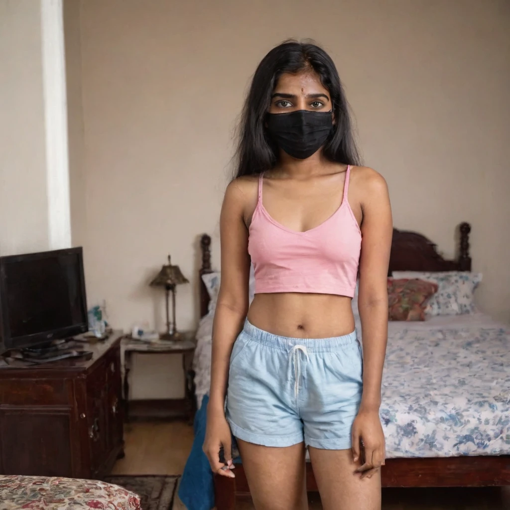 Full body shot of a poor 18 year old medium size Indian girl in pink shorts and blue top, wearing a black mask, at home, cleavage visible.