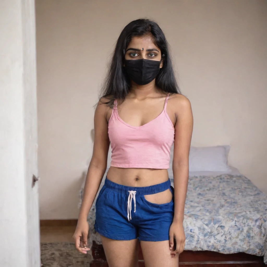 Full body shot of a poor 18 year old medium size Indian girl in pink shorts and blue top, wearing a black mask, at home, cleavage visible.