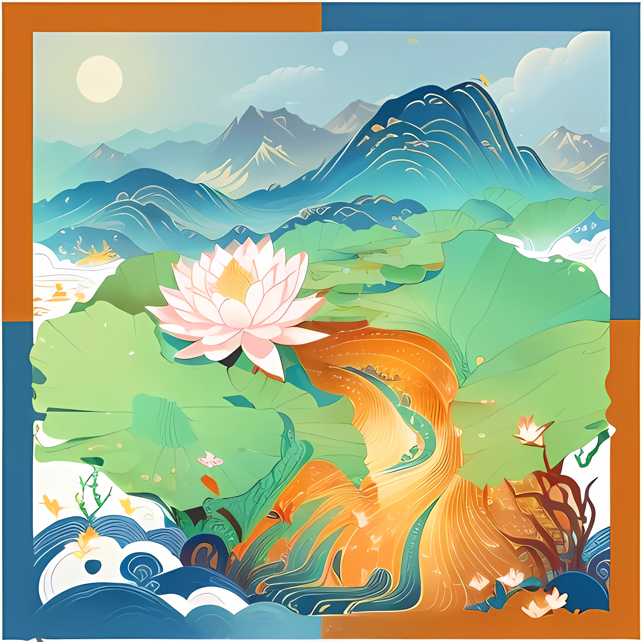 Chinese style，Classic of Mountains and Seas，Mountains in the distance，Underground is the waves，The carp in the middle jumps out of the water，Long fish tail，Red and gold interweaving，Fish fins flutter like flags，lotus，lotus Leaf，white crane，lotus下面是玉珩
