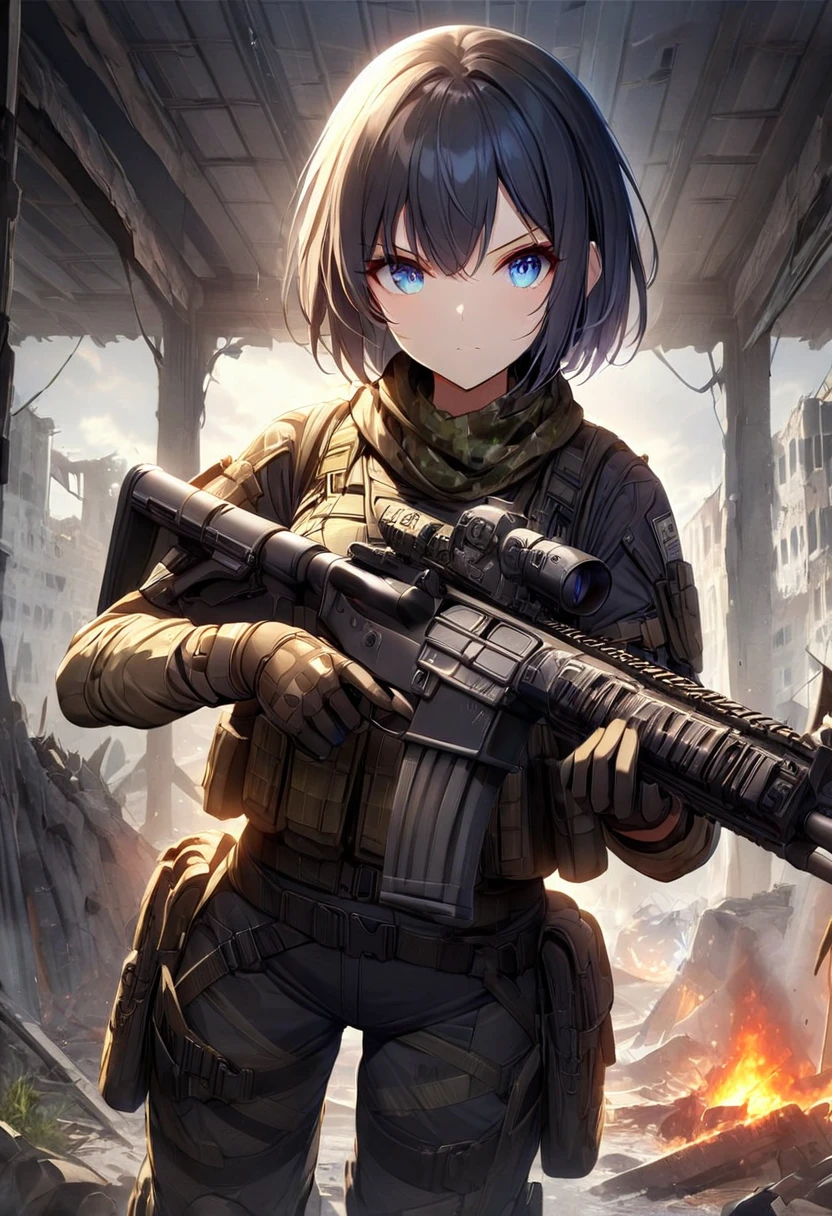 1 girl,One,INTENSE BLACK HAIR,short hair,asymmetrical cut,short haircut,Beautiful eyes,Blue eyes,gloves, military, garnish,camouflage, load-bearing vest, the ceiling,в epTactical,Wellingtons,assault rifle,with a black assault rifle,aimed at the viewer,ruin,fire,destroyed buildings,wreckage,heavy rain,masterpiece,Best quality,ultra detailed,