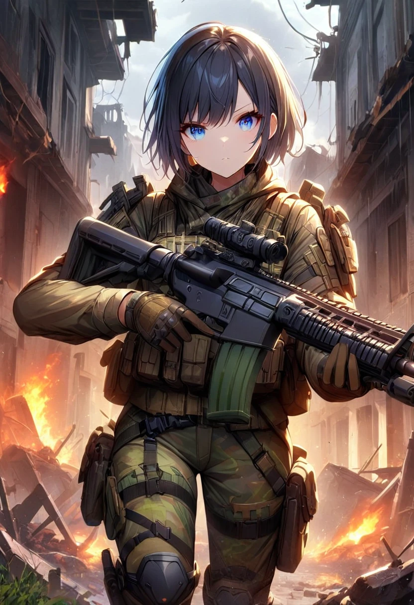 1 girl,One,INTENSE BLACK HAIR,short hair,asymmetrical cut,short haircut,Beautiful eyes,Blue eyes,gloves, military, garnish,camouflage, load-bearing vest, the ceiling,в epTactical,Wellingtons,assault rifle,with a black assault rifle,aimed at the viewer,ruin,fire,destroyed buildings,wreckage,heavy rain,masterpiece,Best quality,ultra detailed,