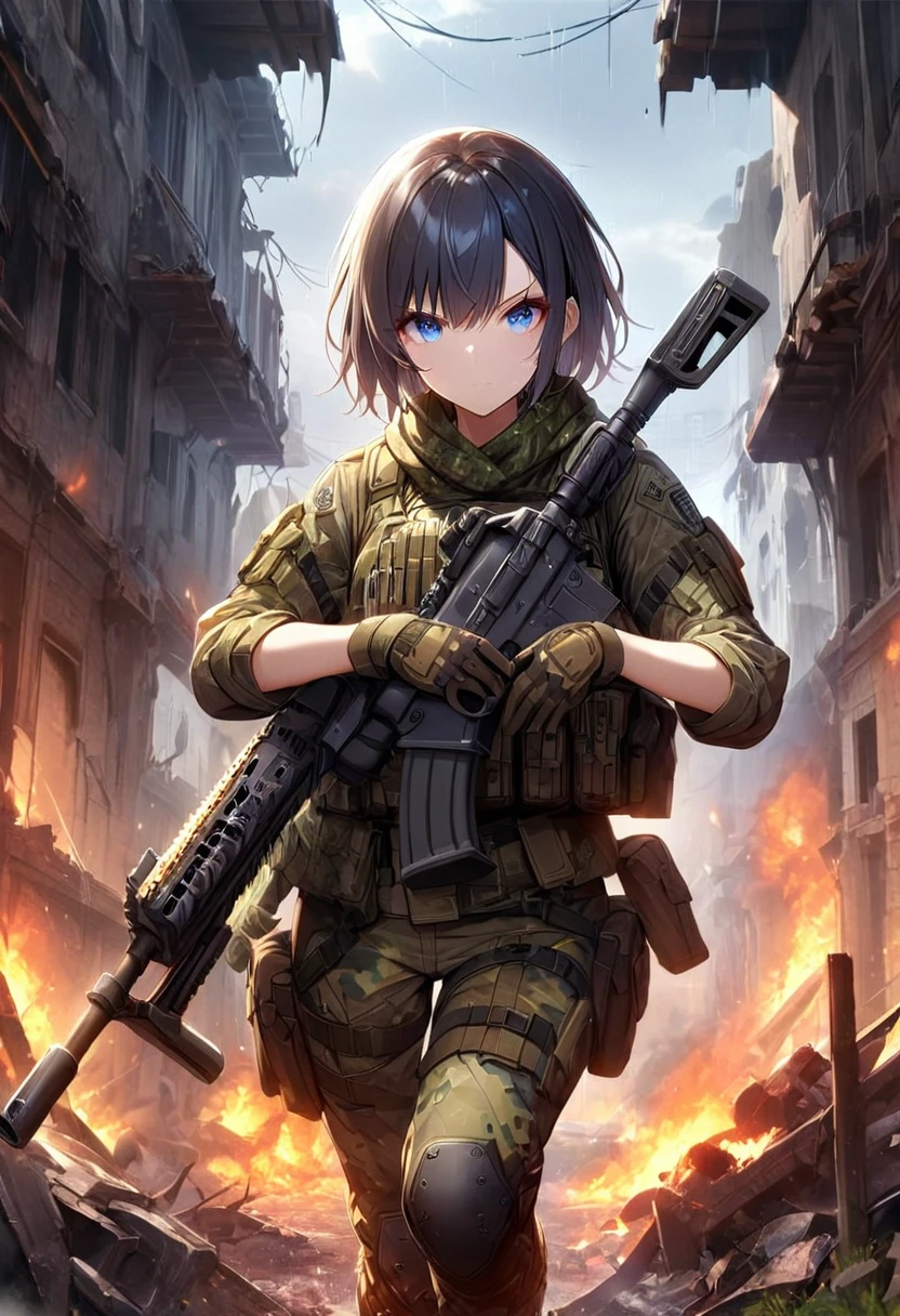 1 girl,One,INTENSE BLACK HAIR,short hair,asymmetrical cut,short haircut,Beautiful eyes,Blue eyes,gloves, military, garnish,camouflage, load-bearing vest, the ceiling,в epTactical,Wellingtons,assault rifle,with a black assault rifle,aimed at the viewer,ruin,fire,destroyed buildings,wreckage,heavy rain,masterpiece,Best quality,ultra detailed,