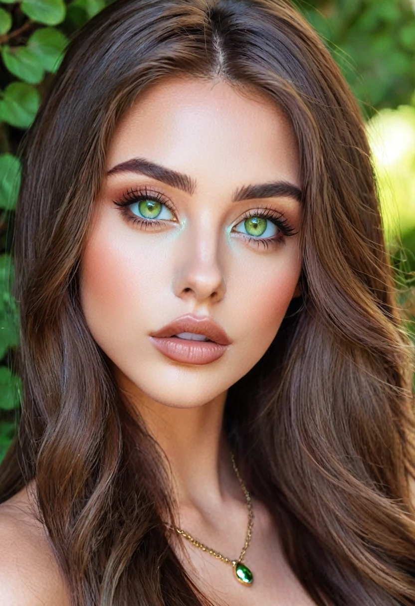 Instagram model, with step cut, brown long hair, light green eyes, big lips, beautiful face, nose piercing, close up on face 