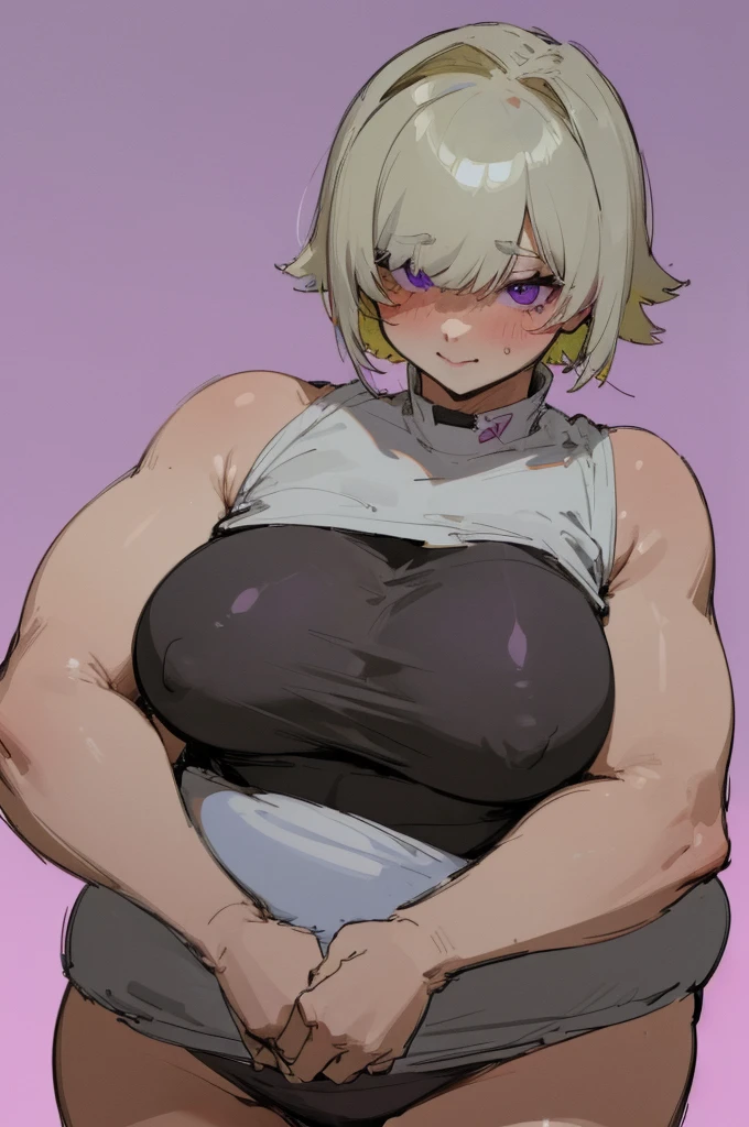 masterpiece, best quality, ultra-detailed, Potrait of beautiful , (chubby) (sexly), (plump), (curvy), (sexly), (Nude), ((tomboy)), (アニメ), (Breasts), (Plump), ((very short hair)), (boyish), (muscular), (naughty), (young), (Short Hair), (pudge face), (cute), (handsome), (Nude), (Big Areola), (Bad body odor), (Elegg), (purple eyes), ((thick)), (The eyes are hidden by the bangs), (Sinister), (insidious), (No light in my eyes), (smile)