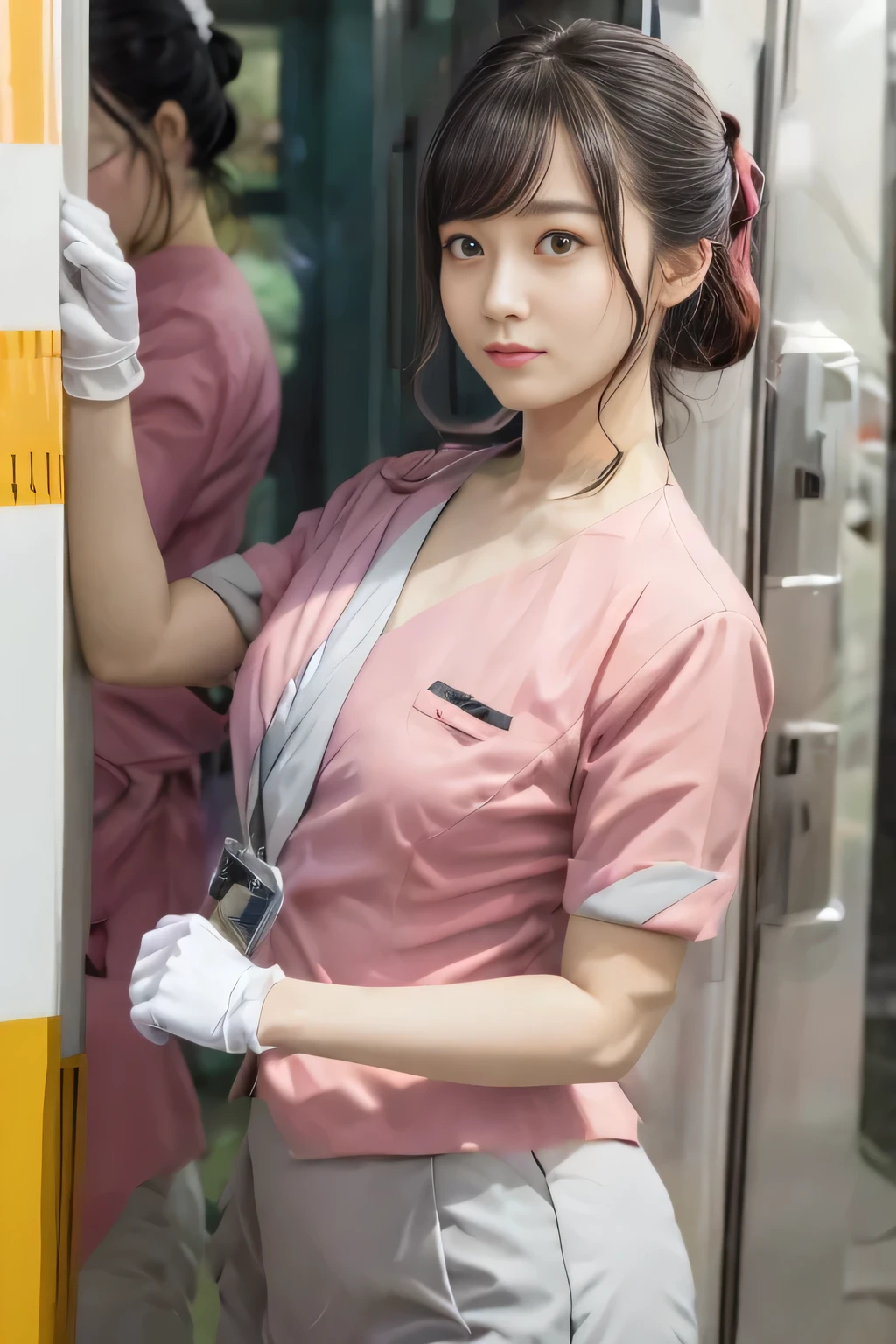 (masterpiece:1.2, Highest quality:1.2), 32k HDR, High resolution, (alone、1 girl)、 (Height: 160cm)、（On the rooftop of a building in the daytime、Professional Lighting）、Building rooftop background、（Nankai train crew uniform pinkを着たリアルスタイル）、（Nankai train crew uniform pink short sleeve collarless pink jacket、Nankai Train Crew Uniform Pink Collarless Short Sleeve Blouse、Nankai Train Crew Uniform Pink Grey Knee-length Culottes）、（The pink jacket is showing from the culottes.）、Dark brown hair、（Hair tied up、Hair tied up、Evening curly hairstyle）、Dark brown hair、Long Shot、Big Breasts、Thin legs、（（Great hands：2.0）），（（Harmonious body proportions：1.5）），（（Normal limbs：2.0）），（（Normal finger：2.0）），（（Delicate eyes：2.0）），（（Normal eyes：2.0））)、smile、（Nankai Train Crew Uniform Pink Grey Knee-length Culottesを見せた美しい歩く姿）、Place your hands around your stomach、Lanyard employee ID card
