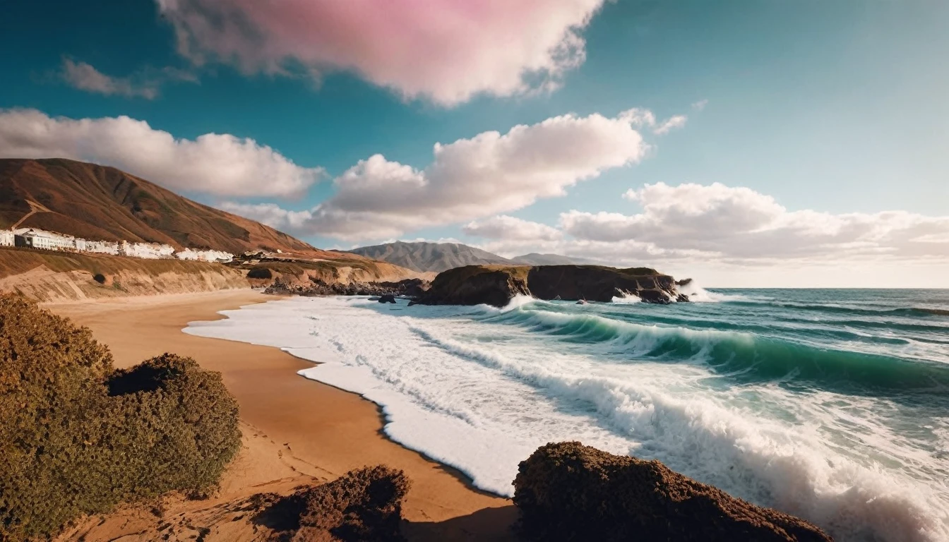 high angle shot view from above of a blue sky with white clouds, the rising sun shines and light rays beaming throught the clouds. Los Angels' beach. The crashing blue waters create white-tipped waves, while the soft pink light of the sun illuminates the shore.This is a view that captures the raw beauty of the coast and the rugged landscape.Photorealistic Reflections on the water, realistic splashing waves, real water surface. insanely intricate details and photorealistic materials.Photorealistic Reflections.Natural lights, neutral colors, lomochrome, vintage color tones, dramatic, dynamic composition.Lifelike textures, sharp focus, depth of field, cinematic lighting, Contrast lighting, volumetric lighting, best shadows,sharp focus, depth pf field, photorealism, Realism, Cinematic, Photoreal, 35mm film Screengrab a 1950s Super Panavision 70 film, in color. best quality , hdr, uhd, 8k, 35 mm film, analog camera shot.