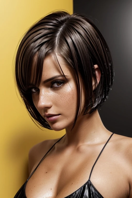 Gorgeous european woman with very short hair, short hair with fringe, wet hair, hair slicked back, combed straight back, slick hair, streaked brown hair, Mindy Main in a tight wet yellow open blouse, cleavage, freckles, solid dark grey background