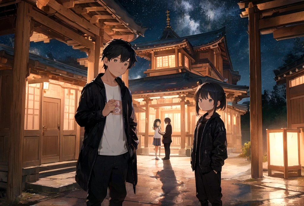 Best Quality, Masterpiece, Ultra-high resolution,Shrine at night、A 15-year-old boy and girl are standing side by side、Embarrassed、love