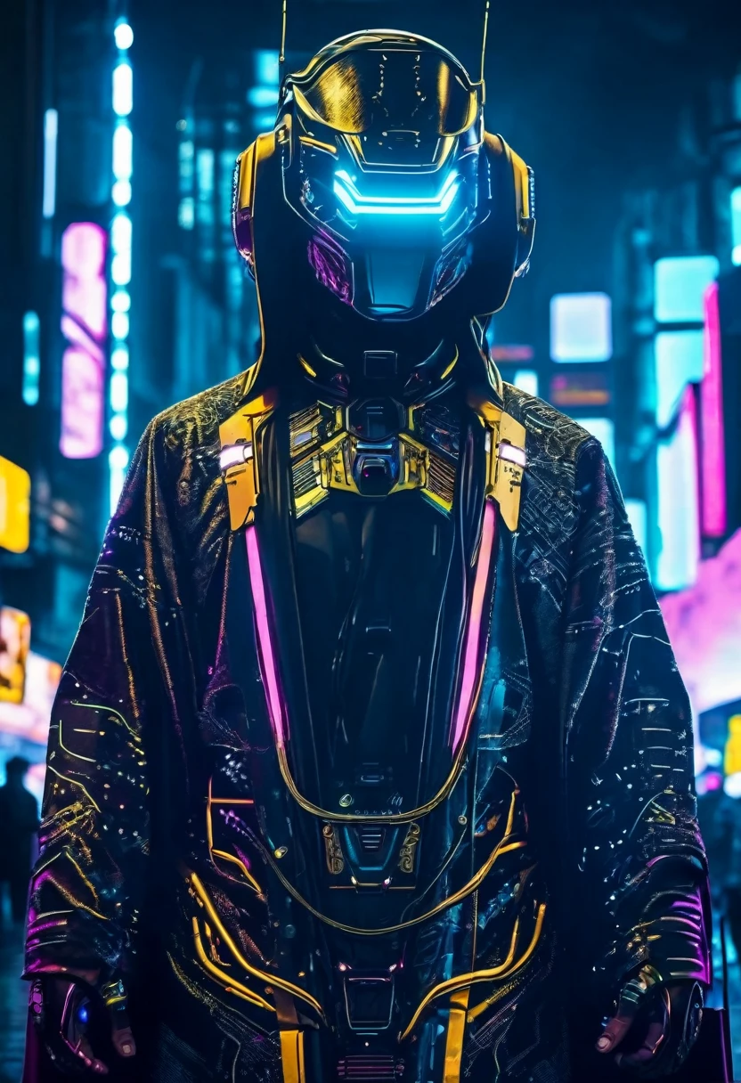 (best quality:1.3), (The best show:1.2), (Best Illustration Award:1.2), (Comic Style:1.2), (art film lighting:1.2) (1 person) Wearing futuristic electronic robe cyberpunk technology, His body was covered with metal parts, With horror as the background，In the cyberpunk city of the future, (Wearing a tech electronic helmet:1.2)