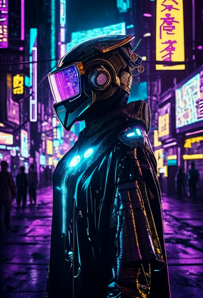 (best quality:1.3), (The best show:1.2), (Best Illustration Award:1.2), (Comic Style:1.2), (art film lighting:1.2) (1 person) Wearing futuristic electronic robe cyberpunk technology, His body was covered with metal parts, With horror as the background，In the cyberpunk city of the future, (Wearing a tech electronic helmet:1.2)